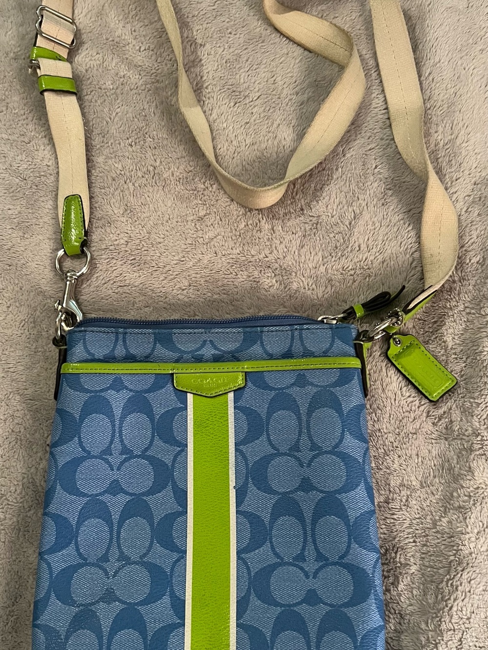 Coach Blue Signature Crossbody with Lime Stripe